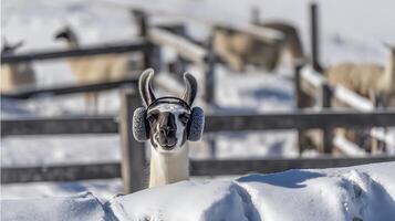 A Cute Llama Wearing Ear Muffs in a Snowy Landscape. photo