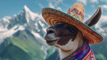 Festive Llama Enjoys a Mountain Vista in a Colorful Sombrero. photo