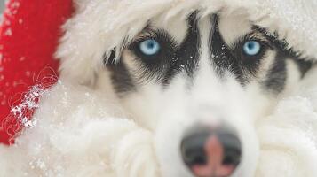Close up of a husky dog wearing a Santa hat in the snow. photo