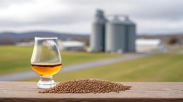 Whiskey Tasting With A Rural Farm Background And Grain. photo
