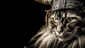 Majestic Maine Cat Wearing a Viking Helmet with Fierce Eyes. photo