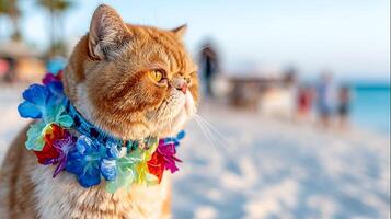 Ginger Cat Enjoys A Hawaiian Luau On A Sunny Beach Vacation. photo