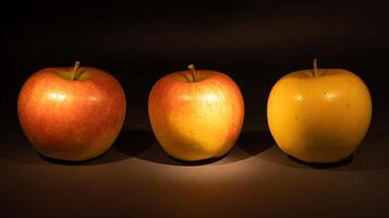 Three fresh apples arranged with dramatic lighting against a dark background. photo
