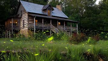 Enchanted Evening Fireflies Dance Around a Rustic Log Cabin. photo