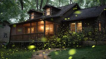 Enchanted Forest Cabin Glows with a Thousand Fireflies at Dusk photo