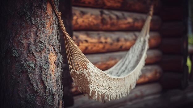 Relaxing Hammock Tied to a Textured Tree Trunk Next to a Log Cabin. photo