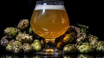 Golden Ale Beer and Hops on Reflective Surface photo