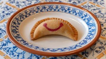 Delicious Sweet Pastry with a Happy Face Decoration on a Blue Patterned Plate. photo