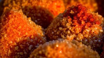 Close up of savory baked food with sesame seeds and spices. photo
