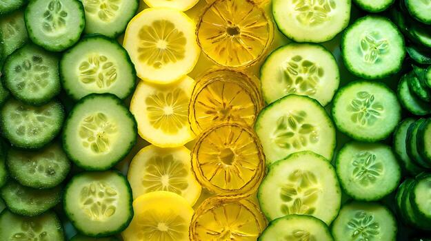 Fresh Slices of Lemon and Cucumber Creating a Vibrant Pattern. photo