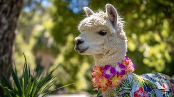 Festive Alpaca Enjoys a Tropical Luau Day in Sunny Hawaii. photo