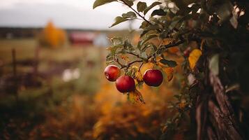Ripe Red Apples Hang on a Branch in Autumn Colors. photo