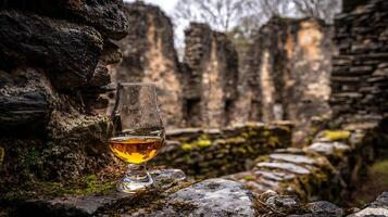 Amber spirit in ancient ruins, a moment of reflection and history. photo