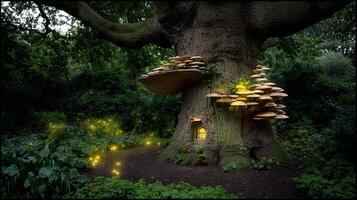Enchanted Forest Home with Glowing Mushrooms and Fireflies. photo