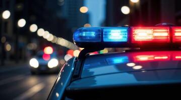 Police car lights flashing in urban night scene photo