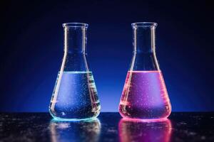 Two glowing laboratory flasks with vibrant blue and pink liquids photo