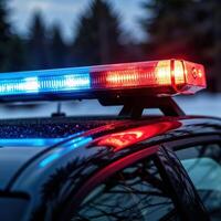 Police car with flashing lights in snowy night photo
