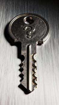 Metallic question mark key on textured white surface photo