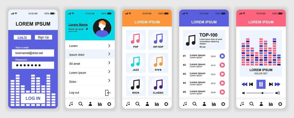 Music player mobile app interface templates set. Web design kit with phone display, rating, sound library, playlists, streaming, play audio. Pack of UI, UX, GUI screens for application. design.