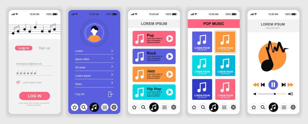 Music player mobile app interface templates set. Web design kit with phone display, menu, song playlists, albums, streaming, play audio. Pack of UI, UX, GUI screens for application. design.