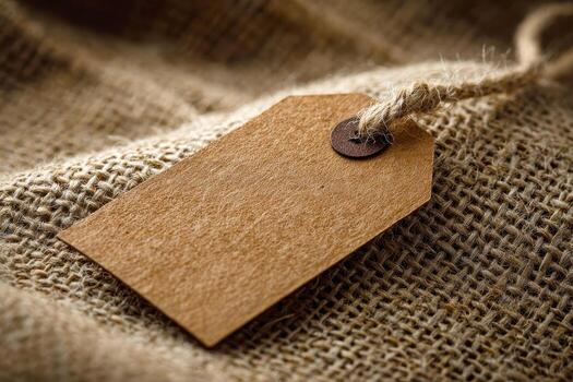 a brown paper tag resting on a burlap cloth, sitting atop a woven surface in a neutral and rustic setting, photo