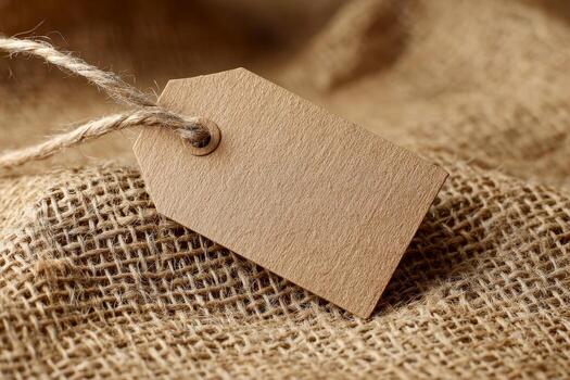 cerca arriba de un marrón papel etiqueta descansando en un arpillera paño, sentado encima un tejido superficie en un neutral y rústico configuración,. foto