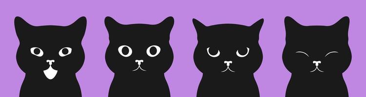 Black cat portraits set. Set of black cat faces with different emotions vector