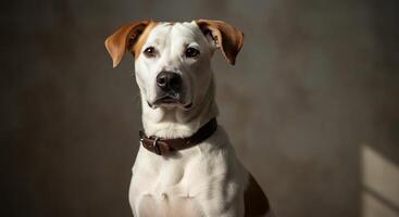 One Adorable Mixed Breed Dog Calmly Poses Against A Neutral Background photo