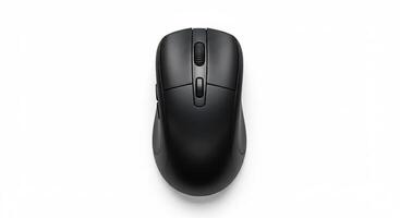 Sleek Black Wireless Computer Mouse Rests Elegantly On White Background photo