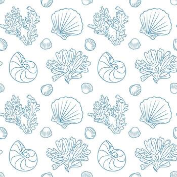 Seamless marine pattern with coral, seashells and nautilus elements in delicate hand drawn style. Represents the concept of ocean life, nature-inspired design and coastal atmosphere vector