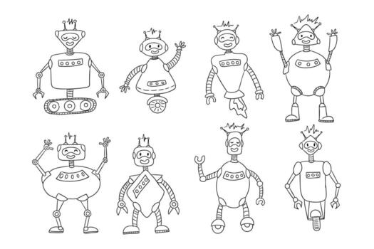 Hand drawn doodle set of funny cartoon robots with various shapes, arms, and expressions on white background. This represents technology, creativity, and futuristic imagination. vector