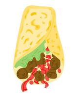 Flat style illustration of a burrito filled with meat, salsa and guacamole wrapped in a tortilla. Represents the concept of Mexican cuisine, fast food, flavor and street food culture vector