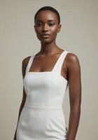 A model in a white dress posing for the camera photo
