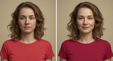 Before and after photo of a woman with different skin tones