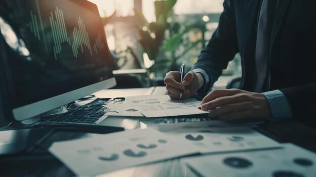 Man manager analyzing market trends with computer and charts image closeup. Analyst processing data of corporate performance close-up photography. Business concept photo realistic