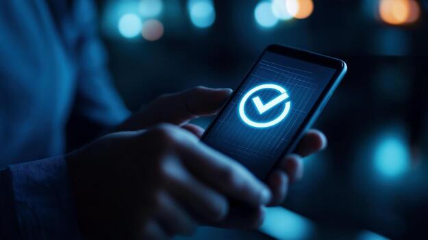 Man hands holding smartphone with glowing checkmark image closeup. Approving access to personal account on cellphone close-up photography. Business data concept photo realistic