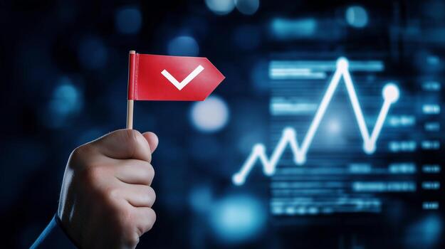 Person hand holds flag with tick near neon chart image with digital overlay. Approved data analytics photography conceptual composite. Business technology concept photo realistic