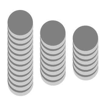 un escala de grises óptico espejismo diseño presentando Tres vertical pilas de plano circular discos, creando un 3d cilíndrico efecto mediante sombra y alineación en un blanco antecedentes. vector
