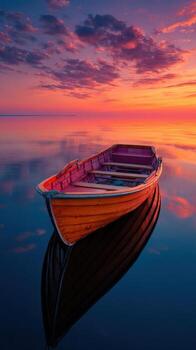 Serene Sunset Reflection A Tranquil Rowboat Resting on Still Waters at Dusk with Vibrant Skies photo