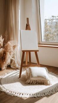 Easel and pillow in bright room photo