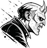 Fierce demon snarling with sharp horns and spiky hair vector
