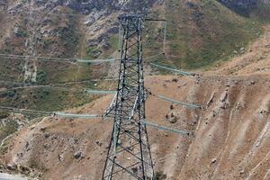 Electricity transmission tower stands amidst rugged terrain in Tajikistan photo