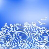 Summer background with sea waves and seagulls. Greeting card, invitation with doodle curly waves. Spring, summer poster, illustration. vector