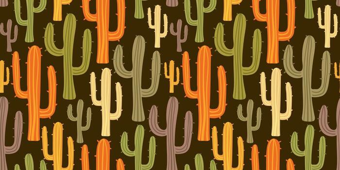 sin costura cactus modelo en núcleo del desierto estilo con terroso tonos y dibujado a mano saguaro en oscuro marrón antecedentes vector