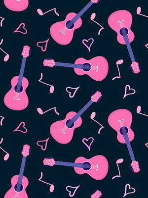 pink acoustic guitars hearts and music notes seamless pattern on a dark background romantic musical design for textiles