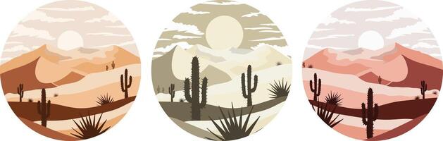 boho desert circle illustratidesertcore style with cactus silhouettes and southwestern landscape sunset and minimalist pastel mountains vector
