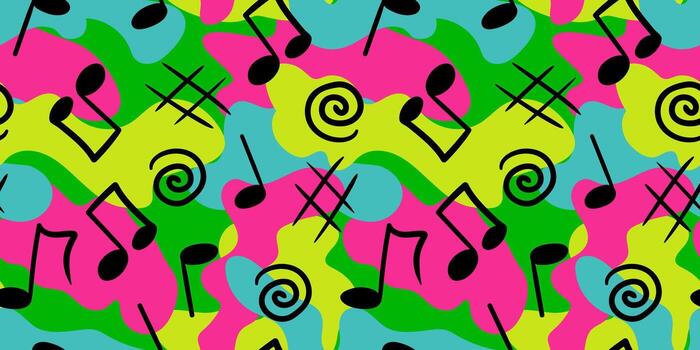 dynamic pop art background with musical symbols and wavy spots perfect for parties and events seamless pattern vector
