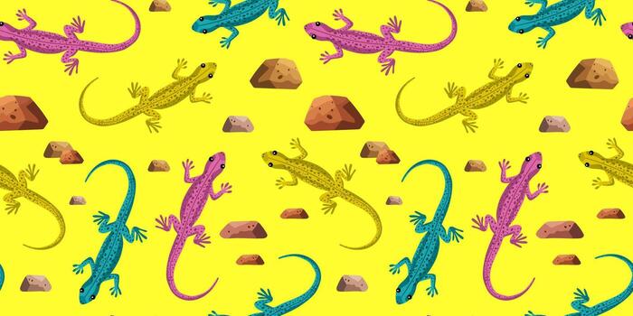 bright colorful seamless lizard and rock pattern vibrant reptile gecko repeat design animal textile print vector