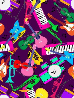 colorful seamless pattern with musical instruments guitars saxophones keyboards drums on purple background