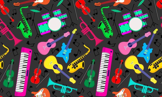 vibrant musical instruments notes and hearts seamless pattern on a dark grey background for music themed textiles and designs